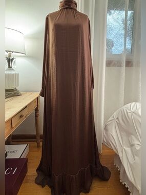 Lavender Brown Yareli Dress, Brown/Bronze High-Neck Maxi Dress, L/XL, NWT